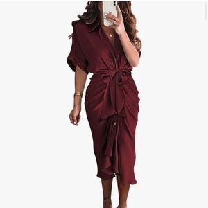 Elegant Burgundy Button Down Satin Midi Dress